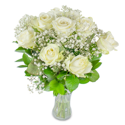 There is a serene, understated beauty in this hand-gathered collection of approximately twelve white roses and drifting gypsophila, photographed against a flawless white background so every subtle hue and texture is visible. The roses are at varying stages of openness-some revealing full, soft cups of creamy petals, others still unfurling at the center-creating a quiet rhythm and natural movement across the bouquet. Intertwined among the roses, the tiny, star-like blossoms of baby's breath lend a delicate, lace-like veil that brightens the arrangement and enhances its lightness. Beneath, a bed of glossy, deep green leaves anchors the design; the contrast of rich foliage and pale blooms makes the whites read as both warm and pure. The vase is unadorned clear glass, showing neatly trimmed stems and clear water, which reinforces the sense of freshness and careful craftsmanship. In soft daylight the bouquet reads like the hush of an early spring morning-clean, composed, and tender-its scent faint and inviting rather than overpowering. I often prepare similar bouquets for neighbours collecting flowers from Station Road florists or sending a quiet message of sympathy or celebration to nearby Brunswick Park cottages and family homes. The overall impression is one of refined simplicity: a floral arrangement that balances softness and structure, offering comfort, celebration, or a gentle reminder of enduring affection.