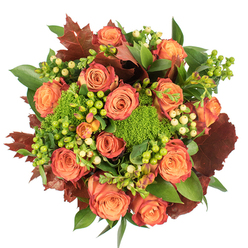 From a bird's-eye perspective against a clean white backdrop, this autumnal bouquet presents a carefully layered circle of textures and warm colour. The composition is dominated by many fully opened roses whose petals move from a soft, warm peach at the core into saturated coral and deep orange, with outer edges brushed in a reddish-rust tone that suggests late-season foliage. Interlaced between the roses are glossy Hypericum berries in bright lime green alongside softer cream-yellow berries, their small spherical forms adding playful punctuation and contrast. Sprays of Green Trick dianthus - dense, mossy, almost sculptural - introduce a vibrant, grassy cushion that offsets the smooth rose faces. Foliage ranges from broad, shiny green leaves that provide a fresh backdrop to larger, lobed leaves in smoky burgundy and burnt orange that anchor the arrangement and heighten the autumn theme. The bouquet's tactile dialogue - velvety petals, firm berries, plush dianthus, and crinkled, leafed accents - invites touch while remaining elegantly composed. Soft, natural light enhances the warm hues and casts gentle shadows, giving the piece depth and intimacy. Locally crafted with florist care, this arrangement is well suited to a New Barnet sitting room or as a seasonal gift collected from New Barnet High Street after a stroll from the station; Flowers New Barnet prepares such pieces with attention to freshness and balanced colour. It's a welcoming centrepiece for harvest gatherings, a comforting housewarming present, or an expression of gratitude and warmth for someone close.