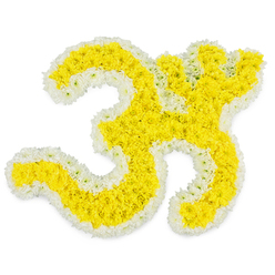 A striking floral Om funeral tribute is presented on a seamless white background, its sacred curves brought to life with a mosaic of fresh yellow and white blossoms. The main body of the Om symbol is densely covered with bright yellow blooms, most likely petite chrysanthemums or marigolds, pressed so closely together they form a plush, carpet-like surface that feels almost like soft fabric. Each floret catches the light, creating subtle variations of gold and lemon tones, while the velvety petals give a sense of depth and volume. Carefully framing this golden centre, a precise border of pure white flowers runs along every edge of the Om, crisply defining its sweeping lines and the separate circular element above. The contrast between the sunny yellow and the cool white adds both clarity and gentle dignity, echoing feelings of hope, purity, and spiritual awakening. The high, even lighting makes the colours appear vivid yet soothing, with no shadows to distract from the clean, sculptural shape of the symbol. You can almost imagine the faint, fresh scent of the blossoms filling a quiet room in New Barnet during a memorial gathering, perhaps in a family home off Station Road or near Oakleigh Park. The tribute feels handcrafted with care by local florists who understand its meaning for Hindu and spiritual funerals, where Om represents creation, continuity, and the eternal sound of life. This floral piece would sit beautifully beside a casket, at a prayer altar, or at a crematorium service, offering mourners a serene focus for reflection, remembrance, and shared devotion.