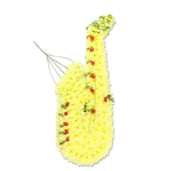 This image shows a beautifully imagined saxophone rendered entirely in flowers, presented upright against a clean white background so that every curve and colour stands out clearly. The main body of the saxophone is formed from a dense blanket of sunny yellow chrysanthemums, their small, rounded heads pressed closely together to follow the graceful S-curve from mouthpiece to bell. The petals overlap like soft feathers, creating a tactile, almost cloud-like finish that softens the shape while still keeping the instrument instantly recognisable. Here and there, rich red rosebuds and spray roses nestle into the yellow surface, positioned with intent to suggest the keys, buttons, and small mechanical details that define a real saxophone. Their velvety petals and deeper hue add emotional weight, suggesting devotion and cherished memories. Thin trails of green foliage, perhaps ivy or fine ruscus, thread elegantly along the outer edges and around the neck, as if sketching the outlines of the sax with living lines of green. A few slender metallic or green wires emerge discreetly from the mouthpiece area to support the design, yet they also introduce a sense of movement, like notes drifting upwards into the air. The arrangement feels like a silent piece of music, a floral echo of jazz melodies once heard in and around New Barnet, from small local venues to school concerts. Crafted with the kind of precision and empathy that comes from years of working with bereaved families, this tribute would sit beautifully beside a coffin or at the front of a chapel, offering a dignified, deeply personal farewell for someone whose life was closely bound to music.