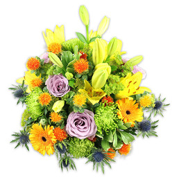 Presented on a pure white backdrop, this densely packed floral design celebrates contrast and craftsmanship. A chorus of radiant yellow Asiatic lilies establishes the vertical rhythm: some blooms proudly open with speckled throats and visible stamens, while others remain elegant, elongated buds suggesting promise and unfolding. Interwoven are pale mauve roses, their soft swirls of petals lending classical poise and a subtle fragrance that lifts against the brighter tones. Vivid orange Gerbera daisies create sunny focal points, their broad petals like little suns framed by darker centres, and plentiful lime-green button chrysanthemums supply textured, cushiony volume that keeps the bouquet feeling abundant without chaotic. Here and there small, spiky spherical accents in orange and gold add spark and tactile variety, while several blue-grey Eryngium thistles project a cool, sculptural edge along the sides, balancing the warmth. Various greens-long glossy lily leaves and smaller, serrated filler foliage-weave through the stems to give the piece structure and lushness. Bathed in soft daylight, the arrangement conveys warmth and optimism; you can almost imagine the mix of sweet rose and fresh green scents. Carefully hand-assembled by Flowers New Barnet for local homes and events, it reads as an expert composition suited to celebrations on Victoria Road, a bright hospital visit, or a thoughtful centrepiece at a family gathering. Soft yet energetic, this bouquet speaks to both joy and comfort, perfect for sending local deliveries across New Barnet and nearby Brunswick Park when you want to lift someone's day.