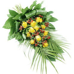 A refined funeral spray of yellow roses and red berries is displayed against a crisp white backdrop, its elegant, elongated shape designed to rest peacefully on a coffin, stand, or graveside. The arrangement begins at the top left where the stems are securely bound, then cascades diagonally toward the lower right, giving the impression of gentle movement, almost like a final, graceful bow. Around fifteen to twenty yellow roses form the focal point, each bloom at a slightly different moment of opening: tight buds whisper of quiet reflection, while fully open flowers reveal generous spirals of golden petals that seem to glow with warmth and gratitude. Between these roses sit clusters of small, rounded red berries, probably Hypericum, their deep, polished red adding depth and a subtle sense of comfort, as though tiny lanterns of colour have been tucked throughout the greenery. The foliage is abundant and carefully structured. At the upper section, broad, dark green leaves are layered, folded, and wrapped to provide a strong, architectural base, reminiscent of the composed dignity often associated with traditional services in New Barnet's churches and funeral homes. As the eye travels downward, the character of the greenery changes: slim, palm-like fronds extend outward and downward, their narrow leaflets tapering to delicate points and creating an elegant, sweeping silhouette. Under soft, even lighting, every texture is visible-the velvety rose petals, the smooth, waxy berries, and the satiny leaves with their fine veins. This spray feels both tender and composed, a fitting floral expression of sympathy and remembrance for families gathering across New Barnet and nearby residential streets.