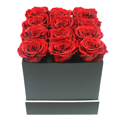 A refined close-up image captures a contemporary floral design: twelve sumptuous red roses, likely preserved for long-lasting beauty, nestled tightly together in a square, matte black gift box that would not look out of place in a stylish New Barnet apartment near East Barnet Road. The roses form a flawless 3 by 4 grid, each bloom fully open and almost identical in size, their velvety petals unfolding in intricate, spiralling layers of rich crimson. The blooms rise slightly above the lip of the box, creating the sense of a soft, rose-filled cushion perched on a solid, dark pedestal. The box itself is smooth and unembellished apart from a narrow white band circling the lower part, a restrained detail that adds a modern graphic touch, like a fine ribbon drawn with a single brushstroke. Bathed in gentle, even light against a stark white background, the arrangement appears almost sculptural, its simple palette of red, black, and white lending a gallery-like feel reminiscent of a boutique window along the High Road. Shadows fall delicately between petals and along the corners of the box, hinting at texture and depth without breaking the calm. The composition suggests romance, intention, and quiet confidence, making it ideal for significant moments: a milestone anniversary in a New Barnet townhouse, an elegant birthday gesture for someone in Cockfosters, or a stylish apology sent via local flower delivery, where the enduring nature of preserved roses speaks of feelings meant to last.