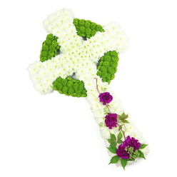 In this image, a floral Celtic cross lies diagonally across a clean, pure white backdrop, its fresh flowers forming a striking and meaningful sympathy tribute. The structure of the cross is built from tightly packed white chrysanthemum blooms, their small, uniform petals creating a gently domed surface that appears soft and plush to the touch. The central ring and the intersections of the arms are threaded with lime green button chrysanthemums, carefully arranged to suggest the interwoven patterns of Celtic knotwork, a design often chosen by families in New Barnet who wish to honour Irish, Scottish, or long-held Christian roots. The bright green blooms sit slightly proud of the white base, giving the piece a distinct three-dimensional quality and a sense of movement, as though the pattern is flowing around the cross. On the lower vertical arm, three prominent groupings of rich, deep purple carnations draw the eye, their frilled petals adding depth and emotion to the otherwise serene palette of white and green. Delicate green leaves and wisps of woody vine trail softly among the carnations, providing a natural, almost garden-like feel that contrasts gently with the formality of the cross shape. Soft, even lighting ensures that every texture-from the tiny chrysanthemum florets to the velvety carnation heads-is clearly visible. The overall mood is quiet and reverent, well-suited to a memorial or funeral service in the New Barnet area, perhaps delivered by a local florist to a chapel or crematorium as a loving final tribute.