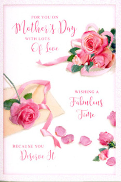 This Mother's Day card presents a romantic tableau of pink roses and calligraphy, reminiscent of a hand-crafted floral display on a peaceful side street off High Barnet's High Road. Across a clean, pale background, lush roses in layered shades of blush and rose pink bloom with a natural fullness, each head gently open as if at the perfect moment of maturity. Their petals appear velvety and almost scented, arranged with the same relaxed artistry you might see in a bouquet created by a New Barnet florist who knows just how to balance elegance and comfort. Surrounding the main clusters, individual petals have drifted loose, resting like soft confetti scattered after a family celebration in a local garden. Some petals overlap, others lie spaced apart, giving a sense of depth and movement, as though a light spring breeze had passed over the card. Threaded between the blooms is a delicate ribbon in muted pastel tones, looping and curling with the easy grace of a hand-tied bow, subtly anchoring the floral composition while never overpowering it. The gentle curves of the ribbon echo the rounded forms of the roses, creating a visual rhythm that draws your eye slowly across the image. Above and intertwining with the flowers, flowing hand-lettered script carries a loving Mother's Day message, the ink strokes thick and thin like the varied stems in a bouquet. Soft, even lighting washes the entire card, bringing out every pink hue and the creamy whites of the paper, and evoking the calm, affectionate mood of a Mother's Day morning in New Barnet, when fresh flowers and a thoughtful card are placed quietly on the breakfast table.
