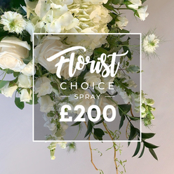In this tranquil white-and-green spray, calm light caresses the blooms, revealing a composition that feels intimate and thoughtfully considered. Layered textures emerge from plush hydrangea, elegant velvety white roses, and a dance of feathery astrantia, creating depth at every turn. Wisps of delicate foliage and slender curling vines spill artfully over the edge, their movement echoing the cycle of spring. Light catches the occasional dew on a petal edge, adding a jewel-like sparkle and a fresh-green fragrance that invites quiet reflection. The bouquet feels suited to a moment of remembrance or a peaceful gift for a thoughtful friend in New Barnet, near Hadley Wood or Monken Hadley Common. Its fragrance is gentle, the white-and-green palette bringing a sense of calm that fits a quiet corner in a home or a chapel aisle on a sunlit Sunday.

A crisp white square frame sits over the center, bearing 'Florist Choice' in flowing script, 'SPRAY' in bold uppercase, and '?200' anchored at the bottom. The backdrop is a soft, warm beige that enhances the green-and-white palette, signaling a premium, bespoke floral spray. This arrangement is described for sympathy or intimate celebrations, a gentle message of love and solace delivered by Flowers New Barnet to EN4 and surrounding neighbourhoods with reliable same-day service. In New Barnet and nearby communities, it has become a favourite for families seeking tasteful, heartfelt tributes that carry the scent of fresh blooms and the memory of a loved one.