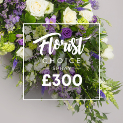 To a grieving family in New Barnet, a floral spray carries more than fragrance; it speaks in silence. This Florist CHOICE SPRAY centers on pristine ivory roses, their petals like satin, interlaced with white lisianthus and delicate freesias that drift on a breeze of memory. The purples weave through in lisianthus shades from deep to pale, with lavender-tinted eustoma, and tall accents of veronica or delphinium adding a quiet vertical rhythm. Soft green viburnum clusters and fern fronds frame the composition, giving it a verdant cradle that feels protective and calm. Light plays across the petals, catching the velour of the roses and the ruffled edges of the lisianthus, while the overlay-an elegant white rectangle-bears 'Florist CHOICE SPRAY' in a graceful script and bold uppercase letters, with the price '?300' in crisp white numerals. The piece radiates dignity, balance, and a sense of serenity, making it an ideal choice for funeral tributes, church memorials, or a heartfelt gesture to comfort someone in mourning. Across New Barnet and surrounding streets, this spray is prepared with meticulous care, ensuring freshness, scent, and a lasting impression that honours a cherished life and the hands that created it.