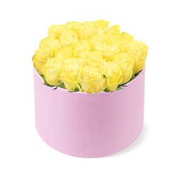 A round hat box overflowing with yellow roses is photographed in crisp detail, evoking the feeling of stepping into a calm, boutique flower shop just off New Barnet Station. The arrangement features roughly two dozen fresh yellow roses, each one carefully placed so their cupped, velvety petals form a neat, domed canopy that rises slightly above the rim of the container. The roses range from soft, buttery shades to rich, sunny yellow, their spiralled centres tight yet full, suggesting blooms at the perfect moment of openness. Between the flowers, discreet touches of green foliage peek through, adding life and depth without breaking the smooth, almost sculptural surface created by the clustered blooms. These radiant roses are cradled in a chic, cylindrical pastel pink box with a matte, velvety appearance, reminiscent of high-end hat boxes you might see displayed in stylish gift shops along the High Road in New Barnet. The gentle, powdery pink of the box contrasts beautifully with the clear brightness of the yellow roses, lending the composition a sense of softness and elegance. Set against a clean white background, the colours seem to float in space, with even lighting that highlights every curve of petal and edge of the box without casting harsh shadows. This arrangement feels joyful yet refined, perfect for celebrating birthdays, promotions, or new homes around New Barnet and the surrounding EN4 and EN5 areas, and for anyone wanting to send a message of happiness, optimism, and loyal friendship through a modern hat box floral gift.