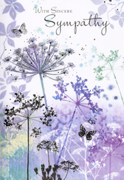 This sympathy card opens to a scene that feels as serene as a stroll through the green spaces of New Barnet on a misty morning. In the foreground, tall, slender wildflower stalks reach upward, their umbelliferous heads rendered in lace-like detail. Soft violets, muted indigos, and powdery lilacs blend with silvery green stems, all painted in delicate watercolor strokes that let the paper's texture whisper through. The blooms appear almost weightless, their tips fading into transparency as if the light has gently worn them smooth. Around these airy forms, butterflies drift with wings in pale lavender and pearl-white, their outlines barely there, suggesting presence without intrusion-tiny messengers of comfort in a time of loss. Behind them, the background is a tranquil wash of soft purple and blue tones, fading into one another like distant hedgerows seen through a veil of early morning fog. There is no harsh line or loud colour, only gentle gradients that invite a pause, a breath, and a moment of reflection. The composition has the same quiet grace I often aim for when arranging condolence flowers for families around New Barnet and the nearby residential streets: a balance of space, softness, and natural beauty that never overwhelms the eye or the heart. This card feels like a visual whisper of sympathy-a tender, artistic way to say, "I am thinking of you," when words alone don't feel enough.