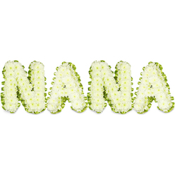 A serene and loving floral tribute that reads NANA in softly rounded, snowy white chrysanthemums, each bloom chosen for its compact, cloudlike form. The chrysanthemums are arranged with meticulous care so the surface of each letter appears sculpted and inviting, retaining the subtle irregularities of natural petals that make the piece feel personal rather than machine-made. Around every character a pleated band of lush green foliage cradles the flowers like a ribbon of living velvet, the pleating deliberate and even, suggesting renewal and gentle protection. Under soft, even light the white heads glow with a cool purity while the green trim sharpens each letter's outline, creating a calming, reverent contrast. The overall effect is quietly consoling - a visual whisper of love and remembrance intended for visitations and memorial services where comforting presence matters most. As a local florist with deep ties to New Barnet, I picture this tribute placed in chapels around Station Road or near family homes bordering Hadley Wood, where its subtle scent of chrysanthemum and fresh foliage will mingle with the hushed tones of a service. The design reads as both formal and intimate: formal in its three-dimensional shape and clarity, intimate in the softness of the blooms and the attentive pleating of green that seems to cradle every letter. It offers a gentle, dignified farewell and a tactile memory for those who knew her warmth, fitting for a cherished grandmother remembered with affection and quiet gratitude.