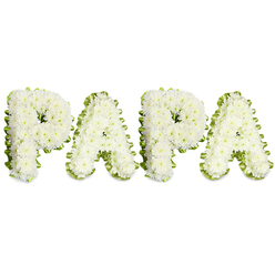 A custom sympathy tribute carefully crafted to spell "PAPA" in four bold, uppercase letters, each letter sculpted from countless small white spray chrysanthemums that form a plush, textured surface. The petals create a soft, cloud-like dome on each letter, while a folded pale-green ribbon-resembling pleated ribbon or delicate foliage-trims the edges to give crisp definition and a calming contrast against the immaculate white of the blooms. The letters lie in a neat horizontal row, balanced and readable from a short distance, revealing the exacting work of a practiced hand who has set every bloom to preserve the name's dignity and intimacy.

As a local florist serving New Barnet and nearby streets around Station Road and Victoria Road, Flowers New Barnet often prepares pieces like this for funeral chapels and memorial services. The arrangement gives off a faint, clean chrysanthemum scent and carries a quiet, respectful mood, ideal for a ceremony remembering a father or beloved paternal figure. The classic white-and-green colour scheme is chosen for its symbolism-peace, purity and remembrance-and the overall effect is one of composed tenderness. Whether placed beside a casket, at a graveside or in a service hall, this floral lettering offers a clear, personal tribute that reads as both an intimate goodbye and a community expression of grief and love.