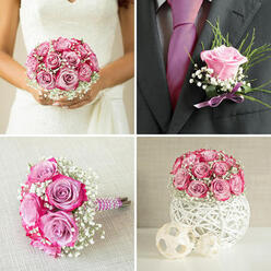 A low, round bouquet of roses and gypsophila nestles neatly inside a contemporary white container, the flowers gathered so closely that they form an almost perfect sphere of colour and texture. The roses range from rich, saturated pink to soft lavender, their petals layered in tight rosettes that give the design a plush, luxurious feel. Between them, delicate sprays of white baby's breath appear like a fine mist, softening the richer tones and bringing a sense of lightness to the overall composition, much like early fog drifting over the gardens near Hadley Green in New Barnet. The vessel is striking in its own right: a white artistic bowl or pot with intertwining, woven-style lines, lending a sculptural quality that contrasts beautifully with the natural curves of each flower. The arrangement feels polished yet welcoming, ideal as a wedding table centrepiece, a reception accent along Station Road, or an elegant gift for an engagement party hosted at a home near Victoria Park. Subtle natural light catches the folds of the petals, highlighting the variations of pink and lilac and casting gentle shadows that add depth and dimension. Nothing here feels accidental-the bouquet seems carefully engineered by a skilled florist to balance symmetry, colour harmony, and romantic softness. There is a sense of quiet luxury, the kind that doesn't shout for attention but quietly enhances any New Barnet celebration with refined charm and heartfelt beauty.