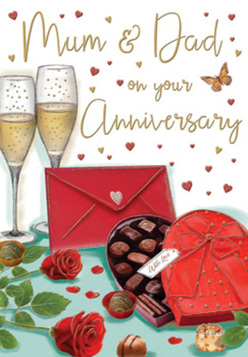 This anniversary card illustration feels like a tender vignette from a family home in New Barnet, carefully composed to honour long-lasting love. On the table in the foreground, two plush red roses lie diagonally, their petals richly layered and almost touchable, with glossy green leaves fanning out to one side as if freshly placed by a thoughtful florist. Nestled beside them is an open, heart-shaped box of chocolates, its smooth red casing and generous satin bow adding a sense of indulgence. Inside, assorted chocolates sit in neat rows, each piece individually cupped, suggesting different flavours to be savoured together after a celebratory meal. Rising just behind, two elegant champagne flutes are filled with pale, sparkling wine, the bubbles suspended mid-rise in fine streams that catch a hint of golden light, like the glow of an anniversary toast shared in a dining room near Barnet High Street. Scattered around the scene, tiny hearts in shades of crimson and metallic gold drift across a soft background, framing the affectionate inscription directed to "Mum & Dad" in a warm, hand-drawn script. A vivid red envelope rests to one side, its triangle flap sealed, quietly suggesting a heartfelt note or card written with memories and gratitude. The lighting is gentle and flattering, with highlights glinting on the glass stems and the chocolate surfaces, giving the whole composition a sense of cosiness and occasion. It evokes not only what you see-a pairing of roses, chocolates, and champagne-but also the sounds of glasses clinking and the feeling of a cherished anniversary evening in New Barnet.