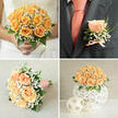 This boutonnière reads like a small testament to careful colour matching and understated romance. A single peach rosebud, its outer petals still softly cupped, sits close to the lapel of a dark charcoal or navy jacket; tiny stems of gypsophila spill around it like a delicate halo, while a slim sprig of fresh greenery gives the piece a crisp, clean edge. A slender peach-coloured ribbon is tied into a neat bow at the base, picking up tones echoed in a coral or warm-peach silk tie beneath a crisp white shirt, so the detail feels harmonised from chest to lapel. The interplay between the rose's velvety surface and the feathery texture of the gypsophila provides a pleasing contrast to the structured weave of the groom's suit-an echo of nature's softness against tailored formality. In soft daylight the peach hue reads warm and inviting; under evening lights it will glow like a small reassurance of the day's palette. This is the kind of boutonnière I prepare when a couple's colour scheme includes apricot and cream for a reception near New Barnet station or an intimate registry celebration on Station Road: elegant, quietly confident, and made to endure the day's speeches and photographs while sitting proudly close to the heart.