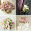 This four-panel wedding collage captures a romantic pink and green theme, styled as if for a local ceremony in New Barnet, where soft light and gentle colours feel right at home. In the top-left panel, a bride's white lace gown is partially visible as she holds a densely packed round bouquet, the blooms pressed together in a generous dome. Pale pink and lavender roses, some just beginning to open and others fully expanded, mingle with pops of lime-green button chrysanthemums. Between them, slender stems of light pink alstroemeria, patterned with tiny yellow speckles, and clouds of white baby's breath add texture and a sense of movement, all wrapped in deep green foliage that frames the composition. The top-right panel shifts to a groom's boutonniere on a charcoal grey jacket, the fuchsia tie beneath drawing out the rosy tones of a single blush-pink rosebud. Around it sit small green chrysanthemums, filigree sprigs of baby's breath, and curling blades of decorative grass, tied with a matching pink ribbon that feels quietly refined. In the bottom-left panel, a similar bouquet lies horizontally on a pale beige, linen-like fabric, perhaps waiting on a dressing table in a New Barnet townhouse before the bridal party leaves for the venue. Its stems are bound tightly with bright fuchsia ribbon, revealing the neat, spiralled structure underneath the blooms. In the bottom-right panel, a rounded centerpiece sits on a white surface, the same roses, button chrysanthemums, alstroemeria, and baby's breath gathered into a decorative white sphere-shaped vase with a woven lattice pattern, flanked by two pale, woven decorative balls for a soft, contemporary tablescape.