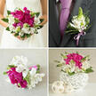 This wedding collage presents a harmonious floral story built around vibrant fuchsia peonies, white alstroemeria, and fresh greens, captured as if for a couple marrying in New Barnet. In the upper-left image, a bride in a strapless white gown is partially visible, her torso and hands in focus as she cradles a lush, rounded bouquet. The peonies are rich and velvety, their deep pink petals layered densely at the heart of the design, while white alstroemeria, delicately speckled with maroon, scatter light through the arrangement. Fine, spiky green flowers and dark foliage add texture, giving the bouquet a sense of movement, like a walk through the greenery near Monken Hadley Common after the ceremony. The upper-right panel shifts attention to the groom's boutonniere, carefully pinned to a dark charcoal suit and framed by a smooth lavender tie. Here, a single spray of white alstroemeria and neat green accents is bound with a lilac satin ribbon, creating a refined echo of the bridal bouquet without stealing focus. In the lower-left panel, a smaller hand-tied bouquet rests on a pale beige, textured fabric, echoing the main bouquet's colour story with more compact proportions-perfect for a bridesmaid walking along Lyonsdown Road or a simple toss bouquet. The stems are wrapped in a crisp lavender ribbon that catches the light. Finally, the lower-right image reveals a coordinating table arrangement: the same pink peonies and white alstroemeria gathered tightly into a striking white sphere-shaped woven vase, with three neutral wicker orbs arranged alongside. Together, these four views showcase how a single floral palette can accompany a New Barnet wedding from aisle to reception table.