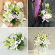 This four-paneled image reads like a single, lovingly planned wedding scheme in white and purple, photographed with a soft, natural glow that highlights texture and scent. The top-left panel shows a bride in a strapless ivory gown holding a generous bouquet where broad, satin-like white oriental lilies open fully, their stamens visible, while other buds promise later bloom. Interlaced are white lisianthus edged with a luminous purple rim, small upright spikes of deep purple accent flower-reminiscent of veronica-and delicate clusters that temper the palette. A variety of greenery-from broad glossy leaves to wispy, grass-like fronds-adds movement and frames the florals with organic rhythm. In the top-right panel the groom's boutonnière is precisely scaled: a single open purple-edged Eustoma, a little lily bud, a snippet of the spiky purple accent and narrow green stems, all tied with a small white ribbon and seated against a dark charcoal grey jacket and a rich purple silk tie. The bottom-left panel displays a compact bridesmaid or toss bouquet placed on textured light beige fabric; stems are hand-tied and wrapped in white ribbon, mirroring the bridal bouquet's balance of open bloom and tight bud. The bottom-right panel reveals a striking tall centerpiece in a contemporary white spherical vase with an open-lattice design, overflowing with the same lilies, lisianthus and cascading greenery, accompanied by two woven beige decorative spheres for table styling. As a local florist familiar with Station Road and the gentle afternoons around Victoria Recreation Ground, I'd describe this collection as serene, refined and fragrant-an ensemble that brings classic romance with a modern edge to a New Barnet celebration.