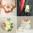 A refined four-panel collage captures a coordinated wedding flower story, as though designed for a ceremony taking place near the leafy edges of New Barnet and Monken Hadley Common. In the top left, the bride's torso is framed in soft, flattering light; her white dress with delicate lace on the bodice contrasts beautifully with the compact bouquet she holds close. The bouquet is round and full, built from cream and pale yellow roses interspersed with deeper pink and magenta blooms, each petal layered and velvety. White baby's breath glimmers in the gaps, and discreet green leaves add depth, creating a sense of calm elegance. Top right, the groom's dark grey suit and vibrant red silk tie set a more structured tone. At his lapel, a single creamy white rosebud boutonniere, edged with baby's breath and a neat touch of greenery, is secured with a small white satin bow, the craftsmanship speaking to the care taken with every detail. The bottom left image focuses on a bridesmaid's posy laid on light, textured linen, softer in shape than the bridal bouquet but clearly related. Cream and pale yellow roses share space with brighter pink roses, surrounded by frothy white filler flowers and lush foliage; the stems are wrapped in a playful pink and white striped ribbon, ideal for attendants walking up an aisle in a New Barnet church or registry office. In the bottom right, a round rose centerpiece, mirroring the bridal bouquet, perches atop a white wicker-style sphere vase, flanked by two smaller woven balls, ready to grace a reception table arranged by Flowers New Barnet for a relaxed yet polished local celebration.