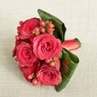 A luxurious cluster of deep red roses rests on a soft, light beige fabric, the fine texture of the cloth gently catching the light and creating a calm, neutral backdrop that allows every petal to glow. The bouquet is compact and carefully composed, with each rose fully open yet still velvety and plush, petals folding over one another in rich layers of crimson and scarlet. Threaded between the roses are neat clusters of small Hypericum berries, their rounded shapes and reddish-pink tones adding a playful sparkle and extra dimension to the arrangement. Broad, dark green tropical leaves are wrapped and curled artfully around the base, their glossy surfaces and strong veins forming a natural, architectural frame that cradles the blooms. A deep red satin ribbon is tightly bound around the stems, the sheen of the fabric echoing the richness of the petals and suggesting a bouquet ready to be carried to a wedding in New Barnet, perhaps along East Barnet Road or to a reception near Oakhill Park. The soft, even lighting glides over every curve and contour, highlighting the contrast between smooth ribbon, firm berries, and velvety flowers. It feels like a romantic, hand-tied piece just prepared for a bridesmaid or an intimate anniversary gesture, the kind of design a local florist would create with care for same-day delivery to homes and venues across this quiet corner of North London, where understated elegance and heartfelt occasions often meet.