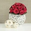 A contemporary yet deeply romantic wedding table arrangement is captured on a pristine white surface, as if set for a celebration in a New Barnet townhouse close to Oakleigh Road. At the centre sits a compact, dome-shaped bouquet of sumptuous red roses, each bloom rich with velvety petals that curl and spiral towards softly shadowed centres. The roses are packed closely together, creating a plush, cushion-like effect, while slight variations in their stages of opening lend the arrangement life and movement. Between the roses, clusters of small red hypericum berries add a jewel-like sparkle, their smooth, rounded forms contrasting with the layered texture of each petal. Just below the blossoms, a neat collar of dark green foliage peeks through, offering a subtle band of colour that gently separates the flowers from the container. The bouquet rests in a striking spherical vase constructed from intertwined white twigs, painted a clean, crisp white and woven into a light, open lattice. This airy structure allows glimpses of the stems within and casts delicate shadows on the tabletop, giving the centerpiece a modern, sculptural quality. To the left, two decorative wicker balls in pale, natural tones mirror the shape and weave of the vase, but with a softer, more organic finish, like little accents of nature brought indoors. Behind, a softly focused wall in muted beige or taupe, with a fine fabric-like texture, provides a serene backdrop that lets the rich reds and intricate weaves stand out. The scene feels intimate and carefully composed, ideal for a wedding reception table or special dinner, easily imagined as a bespoke piece arranged by Flowers New Barnet for couples celebrating nearby.