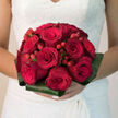 This photograph shows a hand-tied bridal bouquet composed almost entirely of red roses, accented with clusters of red hypericum berries, the whole design exuding classic romance with a modern edge that would look perfectly at home at a New Barnet wedding reception. Each rose head is full and open, petals curving outward in elegant swirls, with a velvety surface that suggests both fragility and strength. The tone of red is deep and saturated, like a glass of fine wine savoured in a cosy restaurant along East Barnet Road, giving the bouquet an air of drama and celebration. Nestled between the larger blooms, the berries gleam with a polished shine, scattering little pockets of light through the design and creating a lively contrast in shape and scale. The bouquet is encircled at its base by meticulously folded aspidistra leaves, their dark, glossy green forming a sturdy and stylish collar that frames the flowers and keeps them neat. This collar creates a clear silhouette, so the bouquet looks sculpted and intentional, not wild, making it ideal for a bride who loves tradition but appreciates contemporary floral artistry. The stems are gathered tightly, suggesting a comfortable, secure grip for walking down the aisle of a local church or stepping out of a car at a New Barnet venue. You can almost feel the weight of the roses, the coolness of the greenery, and the gentle brush of petals against a lace gown. Visually, it is a bouquet that speaks of deep love, careful craftsmanship, and the kind of joy that lingers long after the wedding day.