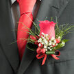 This image presents a carefully crafted boutonniere resting against a dark charcoal suit, a refined finishing touch that would feel at home at a New Barnet wedding reception or formal gathering near Victoria Park. At its centre, a single pinkish-red rose glows with a soft, romantic intensity, its petals velvety and full, layered in a precise spiral that suggests both strength and tenderness. Around it, feathery greenery radiates outward in gentle arcs, hinting at movement and giving the design an organic, slightly wild charm, as though freshly gathered from a quiet garden off Barnet High Street. Interspersed among the foliage, tiny white gypsophila blossoms-baby's breath-appear like scattered stars, their tiny rounded petals softening the overall look. At the base, bright crimson berries form a playful accent, their smooth, polished surfaces reflecting the natural light and adding a subtle festive note that pairs beautifully with winter or late-autumn celebrations. The stems are tightly bound with a slim red ribbon, its tidy finish mirroring the crisp knot of the scarlet necktie just above, tying the whole formal ensemble together. The lighting is gentle and even, allowing the rich colours to stand out without harsh shadows, and you can almost sense the faint fresh-green and rose fragrance rising from the design. This boutonniere feels dignified yet approachable, like a floral signature chosen with care by the wearer, and crafted by a local New Barnet florist who understands how a small detail on a lapel can carry deep meaning on a day when memories are being made.