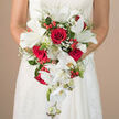 In this intimate, close-up scene, a bride stands poised in her wedding gown, holding a dramatic cascading bouquet that seems to flow straight from her hands, much like a gentle stream winding through New Barnet's quiet streets. Her dress, visible from the waist up, is a soft white with subtle lace and embroidered patterns that mirror the delicate textures found in the flowers. Dominating the arrangement are deep crimson roses, their petals densely layered in spirals that suggest devotion and long-lasting love. Nestled among them are luminous white lilies, wide-open and star-shaped, with pale green throats and stamens that lend a touch of freshness, as if they carry the cool air of a morning by Tudor Park. From the center of the bouquet, stems of white Phalaenopsis orchids cascade down, their elegant blooms and buds forming a graceful waterfall, each petal smooth and slightly reflective, like porcelain under soft daylight. Small clusters of baby's breath are scattered throughout, creating a misty veil that softens the bold red-and-white contrast. Bright red berries, likely hypericum, peek playfully between the roses and lilies, adding sparkles of colour and a sense of joyful celebration. Surrounding everything is an abundance of mixed foliage-fine, feathery fronds, slender shoots, and broader glossy leaves-giving the bouquet depth, movement, and a freshly gathered look, as if arranged moments before a ceremony at a New Barnet venue. The background is intentionally blurred in neutral beige tones so that every petal edge, berry, and leaf stands out clearly. This image captures not only the floral detail but the anticipation of a wedding morning, perfect for illustrating romantic bouquet designs and classic red-and-white wedding themes.