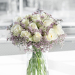 A graceful arrangement of creamy white roses and soft purple statice stands in a tall, clear glass vase on a bright white surface, evoking the tranquil atmosphere of a peaceful New Barnet sitting room. The bouquet is lush and rounded, built from around two dozen white roses that cluster closely together, their petals forming elegant spirals that gradually unfurl toward the edges. Some of the outermost petals carry a faint wash of pale green, a natural hint of colour that speaks to the flowers' freshness. Weaving among the roses are airy sprays of lavender-hued statice, each stem bearing countless tiny blossoms that gather into fluffy clouds of muted purple. These delicate filler flowers create a gentle halo around the roses, adding both texture and a soft contrast in colour without overpowering the arrangement's quiet character. The cylindrical vase is completely transparent, allowing a clear view of the straight green stems and the clean, clear water that holds them, giving the whole design a polished, contemporary feel. Soft, natural light, like the kind that might stream through a window along the tree-lined streets near New Barnet, bathes the bouquet and softens the edges of the scene, merging into a background of blurred whites and pale greys. The overall impression is one of calm dignity and understated elegance, well suited for expressing sympathy, remembrance, or gentle support during difficult times. It feels like a comforting presence, something that could sit beside a framed photograph or a candle, offering beauty, stillness, and a quiet message of care without saying a word.