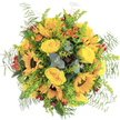 This bouquet from New Barnet carries all the energy and optimism of a sunrise over the neighbourhood's leafy parks. At first glance, the sunflowers stand proud and open, their golden petals vivid against the deep brown of their textured centres, radiating a contagious brightness. Beneath their friendly faces, plush yellow roses nestle in-full blooms arranged with a care that feels intimate and local. Dashes of orange blossoms streak through the design in bursts of cheerful colour, evoking the joyful bustle of New Barnet's community life, while sprays of red berries offer a playful, eye-catching pop. The base of feathery ferns and bouncy chartreuse filler greens creates a lively, airy frame, softened by understated silver eucalyptus leaves and the occasional glimpse of succulent foliage with a hint of russet. Lit from above against a spotless white background, every detail becomes crisp and inviting-the floral textures almost tangible, the colours luminous and alive. This hand-crafted bouquet radiates with the kind of abundant charm perfect for brightening birthdays, welcoming guests, or sending a message of heartfelt encouragement and joy to a loved one nearby. Each element is carefully chosen and arranged by New Barnet's expert florists, capturing both the freshness of the season and the welcoming spirit of the local community.