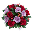A compact, dome-shaped bouquet seen from a slightly elevated angle, its dense mass of 10-15 fully opened roses arranged to read as a single, generous bloom. The palette pairs deep, velvety crimson roses with soft lavender-mauve companions; the reds read as classic, luminous velvet while the mauves lend a modern, powdery coolness. Each rose is fresh, petals spiralled and soft to the touch; the blooms sit low to one another so the eye travels across layered textures rather than individual stems. Glossy, dark green foliage-likely ruscus or similar leaves-creeps between flowers, its smooth sheen providing a structured, emerald frame that makes the colours sing. Scattered throughout, small bright orange-red rose hips add a joyful punctuation, their round, berry-like shapes catching light and introducing a woodland note that keeps the arrangement feeling tactile and slightly wild. Near the bottom centre a small white gift tag peeks from beneath the blooms; the word flower is written on it in playful red script, a handwritten flourish that suggests a personal gift. Soft, natural light would cast gentle shadows across the petals, enhancing folds and depth and bringing forward the suggestion of scent-warm, honeyed rose with a faint green note from the foliage. This floral composition balances passion and poise, suited to anniversaries, intimate celebrations, or a thoughtful 'just because' delivered locally across New Barnet and nearby Hadley Wood. The overall effect is refined yet approachable: a bouquet that reads as both a romantic declaration and a quietly stylish, handcrafted gesture from a local florist who knows the neighbourhood.