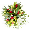 From an overhead vantage against a clean white backdrop, this mounded sympathy bouquet reads as a gentle offering of comfort and remembrance. A dozen or more deep red roses-velvety, fully opened and rich in tone-are interspersed amid a generous population of white and creamy lilies, many of which remain in long, pale yellow-green bud form while one immaculate lily unfurls fully near the bottom right, its trumpet of pure white petals and soft yellow stamens visible like a quiet focal prayer. The blooms sit within a layered carpet of foliage: broad glossy leaves give structure, spiky palm-like fronds fan outward to create a soft halo, and clusters of muted silver-green eucalyptus add a cool, modern texture that refracts the light. The overhead composition emphasizes the bouquet's dense, mound-like shape and the tactile contrast between the satiny rose petals and the lily buds' thicker, waxy feel. In soft daylight the arrangement feels restrained yet hopeful-the red roses lend a dignified, heartfelt gravity while the lilies suggest purity and solace. As a local florist familiar with New Barnet and the care families seek near New Barnet station and Victoria Road, I see this as a design meant to console: it reads respectfully on a chapel table or beside a remembrance card, and its peaceful palette and measured structure translate well into sympathy columns and guidance on choosing memorial flowers. The subtle green, floral and green-soapy lily notes imagined in the scent add an elegiac warmth without overpowering, making the bouquet an understated, comforting tribute for moments of loss and reflection.