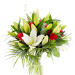 A luminous studio portrait of a tall, elegant bouquet where a single, fully open creamy-white Oriental lily commands the center with gently unfurling petals and a pale yellow stamen at its core. Around it, dozens of lime-green and pale-yellow lily buds sit poised between bud and bloom, suggesting promise and quiet movement. Scattered through the composition are velvety red rosebuds and small roses-mostly curled and just beginning to reveal their inner warmth-offering passionate contrast against the lily's pristine calm. The blooms are cushioned by rich, varied greenery: deep forest-green lily leaves form a structural backdrop, while lighter emerald palm fronds sweep outwards with a feathery, tropical rhythm. Rounded, silvery eucalyptus sprigs thread through the design, their soft, satiny leaves cooling the palette and adding a refined texture. The whole collection rests in a simple cylindrical clear glass vase; the pale green stems are visible through clean water, and the studio's bright white background isolates the arrangement so its colours and textures read clearly and boldly. Imagine the scent-the lilies' powdery sweetness mingling with the warm, heady pepper of roses-filling a small room with a sense of celebration and tenderness. As a local florist might say, this bouquet balances formal grace with approachable warmth: suitable as a romantic gift, a congratulatory present, or a serene table centrepiece for a gathering in New Barnet near Station Road or Monken Hadley Common. The composition's fresh lines and mindful staging express purity, affection, and a quiet confidence in craftsmanship, presented with the clarity of a product shot while retaining the intimacy of a hand-arranged floral gesture.