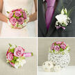 A carefully styled wedding floral set is shown as if laid out on a dressing table in New Barnet just before the ceremony begins. At the centre, a lush round bridal bouquet is dominated by mauve-pink roses, each petal soft as silk and edged with a gentle curl that suggests they have just opened to their fullest. The roses form a rich, romantic core, surrounded by clusters of green button chrysanthemums that create lively, rounded accents, like miniature hedgerows brightening the scene. Cream and white lisianthus nestle between them, their delicate, layered petals softening every edge and adding a cloud-like lightness to the composition. Subtle foliage and elongated leaves slip out from beneath the blooms, giving the bouquet a graceful outline and evoking the feeling of a morning stroll through the greenery near Victoria Park. The stems are smoothly bound in pink and white satin ribbon, wrapped with precision so they sit tidily in the bride's hands, offering both comfort and control as she walks down the aisle. To one side, a groom's boutonnière echoes the bouquet's elegance, centred around a single pure white flower accented by feathery greenery and a hint of lavender detail. The lighting glides gently over each bloom, highlighting the natural sheen of the petals and the contrast between creamy whites, mauves, and fresh greens. It feels like a captured moment of quiet joy before guests arrive, a testament to floral craftsmanship and the intimacy of a New Barnet celebration.