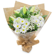A soft, understated bouquet of white blossoms and deep green foliage stands upright against a plain white backdrop, composed with the quiet confidence of a neighbourhood florist. At the heart of the arrangement are abundant white, daisy-like chrysanthemums whose many narrow petals fan outward from small sunny yellow centres, giving the bouquet a cheerful, classic silhouette. Rising through the massed blooms are several elongated, pale green-yellow lily buds-some gently striped-still closed and promising larger, fragrant flowers to come; their poised shapes add a feeling of graceful anticipation. Scattered like tiny clouds among the larger stems are delicate sprays of baby's breath (Gypsophila), whose minute white florets soften edges and lend an airy, ethereal texture that makes the composition feel light and comforting. The foliage is a rich, glossy green, its varied leaf shapes providing a verdant backdrop that makes the whites read as pure and crisp. The bouquet is hand-gathered and wrapped in an inner layer of crinkled brown kraft paper that introduces a rustic, tactile warmth, then enclosed in a clear cellophane sleeve that gives a neat, protective sheen-together they create a friendly, gift-ready presentation. The stems are gathered and tied at the base to form a stable, portable bundle, suitable for presenting at a bedside, a small celebration, or a quiet remembrance. Under soft studio lighting the whites read cool and clean, with a faint, fresh scent-green and slightly sweet-like grass after rain. This arrangement radiates calm, hope, and thoughtful care, making it an elegant choice for birthdays, new beginnings, or messages of sympathy delivered with gentle attention from a local artisan.