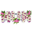 A large, three-dimensional floral tribute spelling the word MUM sits against a clean white background, its presence quietly dignified and tactile. Each capital letter is a substantial pillow of densely packed, pristine white chrysanthemum heads that read as a soft, cloud-like surface under a gentle studio light. Through that white base a measured rhythm of deep magenta and purple pom-pom blooms is artfully scattered, giving a soft patterned contrast that lifts the composition and adds a sense of depth when viewed from the front or the side. Three clusters of vibrant pink spray roses act as warm focal points: a neat cluster crowns the upper left of the first M, a fuller bouquet of four to five roses nestles into the lower curve of the U, and a matching cluster balances the upper right of the final M. Each rose cluster is set against lush dark green foliage-delicate fern fronds and broader leaves-that grounds the design and introduces a cool foliage scent to the floral mix. Small, almost jewel-like blue accent flowers are threaded sparingly through the greenery, catching the eye and adding a quiet, reflective note. A slender dark bar links the letters horizontally at their bases, providing structure without stealing attention from the blooms. The overall effect is calm, respectful and lovingly detailed: a traditional sympathy tribute that speaks of tenderness, remembrance and the craft of caring floristry, suitable for a funeral service or private wake and offered with the considered touch a local New Barnet florist brings to bespoke bereavement work.
