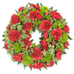 A beautifully composed circular wreath for a funeral or memorial is set against a plain white background, its rich combination of deep red and fresh lime green drawing the eye immediately. The wreath is formed from a generous mass of red carnations, each bloom full and ruffled, with multi-layered petals that give the arrangement a plush, almost cloud-like texture. Some of the carnations are wide open, revealing complex petal patterns, while others remain slightly closed, adding subtle variation around the ring. Between these crimson blooms are clusters of lime green button chrysanthemums, neat and rounded like small, perfectly formed cushions, their smooth floral surfaces offering a bright and uplifting contrast. Underpinning the flowers is a base of mixed greenery, including dark green, feathery fern that deepens the shadows at the edges and variegated pittosporum leaves with creamy white margins that gently soften the overall look. Woven into the design, particularly noticeable on one side, is a striped green ribbon looped into relaxed curls that blend harmoniously with the foliage rather than drawing attention away from the blooms. The lighting is even and clear, highlighting the natural vibrancy of the flowers as if they had just been arranged in a New Barnet florist's workshop for delivery to a local church or crematorium near Monken Hadley or East Barnet village. The overall impression is one of quiet strength and heartfelt condolence, a wreath intended to honour a loved one with dignified colour and enduring beauty.