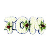 A calm, dignified funeral tribute spells out the name TOM in three precise, three-dimensional letters entirely covered with densely packed, pristine white chrysanthemums. The blooms form a pillowy, tactile surface whose tiny petals catch soft light and suggest a comforting, downy texture; the overall effect is quietly consoling. Each letter's clean outline is traced with a vivid royal blue ribbon that provides a crisp, formal frame against the white flowers and draws the eye to the sculptural shapes. Within the body of each character a delicate spray has been artfully placed: a single deep red rose anchors the cluster, its velvety petals evoking love and remembrance, while several smaller creamy-white spray roses and slender fern fronds weave around it, adding whispering greens and gentle contrast. A thin dark green or black metal support is visible beneath the base, hinting at the careful engineering that holds the letters upright for a service. The composition sits on a stark white background so the tonal contrasts-white, royal blue, and rich red-read clearly in photographs and in the calm light of a chapel or service room. As a local New Barnet florist might describe it, this arrangement balances formality and warmth: the chrysanthemums' subtle scent, the faint earthiness of the foliage, and the rose's muted perfume together create a sober, sympathetic presence. Ideal for a funeral or memorial, this handcrafted name tribute conveys respect and solace, a sculpted floral message designed to honour a life with restraint and heartfelt care in the New Barnet community.