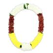 An open, oval-shaped funeral garland is pictured against a bright white background, giving the impression that it is gently suspended in air. The top section of the garland is made entirely of closely threaded white flowers, like miniature chrysanthemum or jasmine blossoms, forming a soft, continuous band that feels calm and contemplative, much like a hushed moment in a New Barnet chapel or temple. As the garland descends on both sides, the colour deepens into rich maroon and reddish-brown petals, compact and plush, their layered texture suggesting warmth, devotion, and the weight of cherished memories. These darker sections frame the design and draw the eye steadily down to the lower curve, where the garland brightens into a generous sweep of clean, golden-yellow blooms. This yellow base adds an element of gentle optimism, reminiscent of late afternoon light over New Barnet's tree-lined avenues, offering comfort and the quiet promise of renewal. Threads of fresh green foliage are woven at key points where the colours shift-from white to maroon and from maroon to yellow-creating natural breaks that feel like small breaths of garden air amid the intensity of the petals. Every part of the garland appears meticulously and evenly worked, suggesting many hundreds of blooms strung with patience and intention, whether they are fresh flowers meant for a single important day or lifelike artificial blossoms designed to last. Echoing traditional mala designs seen in South Asian and Southeast Asian farewells, this tribute speaks of honor, spiritual connection, and a loving farewell that lingers gently in the heart.