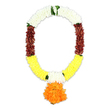 Displayed against a bright, uncluttered white background, this traditional artificial mala forms a complete, dignified oval, crafted as a thoughtful funeral tribute with a distinctly ceremonial feel. The design begins with a crown of densely packed white petals at the top, their soft, fluffy appearance suggesting peace and clarity, like quiet skies over New Barnet on a still morning. Tucked between these white segments are slim bands of green leaves, bringing a hint of living nature and recalling the calm greenery of local parks and residential gardens. From there, the garland flows into generous blocks of maroon-red petals along both sides, each petal carefully layered to build a deep, velvety texture that conveys reverence and devotion. These maroon sections then yield to broad stretches of radiant yellow on the lower arc, where the colour brightens yet remains gentle, offering a sense of warmth and consolation suitable for a farewell ceremony. Within these yellow segments, brief returns to white appear on either side, acting as small rests in the visual journey toward the centerpiece. Suspended from the very base is a prominent, round pendant made entirely of compact, vivid orange petals, reminiscent of a marigold ball often seen in spiritual rituals and respectful tributes. The pendant adds a sense of importance and focus, completing the mala with a flourish of colour and form. Throughout the garland, petals are so densely arranged that the surface looks plush and almost fabric-like, combining the look of fresh florals with the reliability of an artificial design, ideal for memorial services, temple-style farewells, or graveside tributes in and around New Barnet.