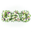 A poignant floral tribute spells out DAD in three bold, flower-filled letters laid horizontally against a stark white backdrop, giving the arrangement a sense of clarity and quiet focus. The main body of each letter is composed of tightly clustered white chrysanthemums and daisy-like gerberas, their petals overlapping to create a dense, cushiony surface that feels soft, pure, and respectful. Within this blanket of white, subtle accents of lilac and purple emerge: tiny rosebuds, miniature carnations, and small daisy-style blooms in shades from pale lavender to a richer, royal violet. These gentle splashes of colour bring depth and emotion, like fleeting memories against a backdrop of enduring love. Each letter is carefully edged with fresh green foliage, including delicate ferns and glossy leaves that follow the curves and straight lines of the D, A, and D, providing a natural frame and helping the shapes stand out clearly. The lighting is bright and even, similar to natural daylight you might find streaming into a quiet room in New Barnet, highlighting every texture without overpowering the scene. You can almost sense the cool freshness of the flowers, recently arranged by skilled hands for a local family saying goodbye to their father at a church or crematorium nearby. This floral lettering is a classic choice for funeral and graveside tributes, a way of expressing love and gratitude in a simple, unmistakable word. Though visually restrained, the careful blend of white, green, and purple carries a deep emotional weight, offering comfort to those gathered to honour a dad's life and legacy.