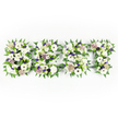 A thoughtfully composed horizontal tribute spells the word SON in three densely flowered letters, photographed against a pristine white backdrop so every petal and shadow reads clearly. Each letter is built from a bed of crisp, near-white chrysanthemums and large, pure anemone-like blooms whose dark, almost-black centres create a small, striking contrast that anchors the softness of the arrangement. Interspersed among these primary whites are delicate sprays of pale lavender and soft purple florets that add a whisper of colour and depth without disturbing the overall serenity. The edges of each letter are gently framed with feathery fern fronds and lively green foliage, the jaunty curves of the leaves giving the composition a sense of quiet movement and natural shape. Compact green button chrysanthemums and tiny green buds push through the clusters, bringing a fresh, dewy texture that reads like the first cool morning in Oak Hill Park. From the top-down viewpoint you can see where a subtle dark structural base peeks through in a few places, giving the letters crisp definition and stability for placement on a chapel stand or in a crematorium service. The scent is imagined - soft, powdery white florals with a faint herbal lift from the greenery - a comforting, dignified aroma suited to remembrance. As a local New Barnet florist I picture this piece arriving for a memorial in the High Street area or being placed at a service near New Barnet station; its refined palette and careful craftsmanship are meant to convey love, respect and a tender, personal farewell for a cherished son.