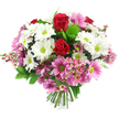 A rounded, hand-crafted bouquet of mixed blooms is shown clearly against a white background, giving it a fresh, contemporary look that suits New Barnet's mix of family homes and modern apartments. Two deep red roses sit slightly above the rest of the flowers, their rich, velvety petals tightly overlapping to form classic spirals that speak of affection and romance. They are surrounded by an array of white daisy chrysanthemums, each one neatly petalled and centred with a striking lime-green eye that brings a lively pop of colour to the arrangement. Interspersed throughout are pink daisy chrysanthemums in gentle to medium shades of pink, also with vivid green centres. These pink flowers blend seamlessly with the whites, creating a soft yet vibrant interplay of tones that feels cheerful without being overpowering. Between the larger blooms, small clusters of pale pink waxflower peek out, their tiny blossoms and slender stems giving a subtle, intricate texture that lightens the overall design. The flowers emerge from a base of lush green foliage, including broad, dark leaves and lighter green shoots that help frame and support the blossoms. At the bottom, a tidy bundle of green stems is clearly visible, tied securely to show that this is a hand-tied bouquet, ready for a vase on a hallway table near New Barnet Station or a sunny window overlooking the local streets. The lighting is bright and even, emphasising the freshness of every petal and leaf. With its harmonious mix of red, white, pink, and green, the bouquet feels perfect for marking birthdays, saying thank you, or sending a warm get-well wish through local flower delivery in New Barnet.