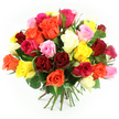 An abundant bouquet of mixed-colour roses is captured against a clean white backdrop, creating a striking yet elegant contrast that feels very at home in New Barnet's blend of suburban calm and city energy. The hand-tied arrangement forms a rounded, almost spherical crown of blooms, each rose nestled closely to the next so that the viewer sees a tapestry of colour rather than individual clusters. Deep reds and velvety burgundies represent classic romance, while lively oranges, apricots, and rich corals bring a sense of enthusiasm and celebration. Bright yellows gleam like little pockets of sunshine, interwoven with a wide range of pinks-from tender, powder-soft blush to vivid fuchsia that commands attention. Creamy white and ivory roses are scattered throughout, their gentle tones softening and balancing the stronger colours. Every bloom shows layers of curved petals, some fully open and ruffled, others still unfolding, evoking the feeling of catching the bouquet at the perfect moment of freshness, perhaps just before it is delivered to a home near New Barnet station or a gathering close to Hadley Common. Dark green foliage threads between the flowers, adding depth, texture, and a natural frame, while at the base the stems are neatly aligned and tied with a green and white checked ribbon that hints at careful, traditional craftsmanship. The lighting is bright and even, revealing the satiny texture of the petals and the crisp edges of the leaves, while soft shadows help define the bouquet's generous shape. Overall, the image communicates warmth, affection, and joyful celebration, suitable for birthdays, anniversaries, or heartfelt thank-yous within the local New Barnet community.