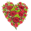 A beautifully composed, heart-shaped floral arrangement stands out crisply against a plain white background, its mix of deep red and bright green tones creating a moving symbol of love, grief, and gratitude, similar to the tributes often delivered to services around New Barnet. The entire heart is densely filled, giving the design a lush, generous appearance. Across the front, several large, velvety red roses sit like jewels, their layered petals curling inwards to form classic, romantic blooms that naturally become the centre of attention. These roses are nestled into a bed of red mini carnations and spray carnations, whose small, frilled flowers form a textured, almost fabric-like surface that runs right to the edges of the heart. The rich red colouring feels both passionate and reverent, perfectly suited to honouring a much-loved relative or friend. Threaded amongst the red are small, rounded clusters of lime-green button chrysanthemums, their domed heads and fine petals adding a refreshing, contemporary note. The interplay between the red and green reflects both remembrance and renewal, a balance often appreciated by families saying goodbye at local crematoriums or churches. Around the edges and tucked between blooms, neat sprigs of variegated pittosporum foliage-green leaves edged in cream-trace the outer shape, giving the heart definition and a polished, professional finish. At the pointed tip of the heart, a small plume of fern-like greenery extends slightly beyond the main outline, softening the form and adding natural movement, like a quiet breeze across nearby parks. The overall design feels tender, dignified, and deeply heartfelt, an eloquent floral expression of sympathy and enduring love.