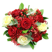 Against a spotless white background, this rounded bouquet of roses glows with an inviting mix of rich reds and soft creams, every stem positioned with calm, expert care. Deep red roses, their petals thick and velvety, take prominence at the centre, radiating a romantic intensity that feels right at home in an elegant New Barnet living room. Interspersed among them are creamy white to pale buttery roses, whose more delicate tones and gently cupped petals soften the palette, adding a sense of purity and quiet reassurance. Between these larger blooms, airy sprays of small scarlet flowers, reminiscent of red-dyed gypsophila, create a fine, cloud-like texture, filling the composition with lightness and a subtle sense of movement. Glossy red Hypericum berries dot the bouquet like tiny jewels, bringing a playful festive note comparable to seasonal decorations along local New Barnet streets. Encircling the flowers, a rich mix of dark green foliage and rounded, silvery eucalyptus leaves forms a structured, verdant collar that highlights the central colours while suggesting freshness and natural ease. The stems are gathered tightly into a clear, glass-like container, its base partially wrapped with a green and white checkered detail that hints at a carefully presented gift, perhaps ready to be delivered near New Barnet station or to a family home off the High Road. The mood of the arrangement is warm, celebratory, and deeply affectionate, ideal for marking anniversaries, special dinners, or simply sending a heartfelt message that feels both refined and sincerely local.