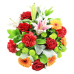 In this image, a lush, domed bouquet is photographed from above against a stark white background, showcasing every detail of a carefully crafted New Barnet floral design. The eye is immediately drawn to clusters of deep red roses at the centre, their velvety petals tightly layered in buds and gently unfurling blooms that speak of romance, admiration, and warmth. Surrounding them, large lily flowers unfurl star-shaped petals in white flushed with soft pink, decorated with fine speckles and topped with prominent yellow-orange stamens, while several closed buds promise that the arrangement will continue to open and change over time. Rich red carnations fill out the spaces between, their ruffled, feathery petals giving the bouquet a plush, almost fabric-like texture. Bright orange and golden yellow gerbera daisies punctuate the design, each bloom with a darker central disk, like sunbursts that add an immediate sense of cheer and light-hearted celebration-perfect for marking birthdays, promotions, or new beginnings around New Barnet and the surrounding streets. Threaded among the larger blooms are neat clusters of lime green button chrysanthemums, their round, cushiony shapes and vivid colour bringing a refreshing contrast. A generous framework of foliage encircles the flowers: broad, glossy dark green leaves combine with lighter, silvery-green sprigs reminiscent of eucalyptus, adding layered depth and a gentle, garden-inspired softness. The composition feels vibrant and abundant yet composed, as though crafted by Flowers New Barnet for same-day delivery to homes and offices across the area. It is an arrangement that visually radiates optimism and festivity while remaining elegant enough for anniversaries, thank-you gifts, or simply brightening a favourite corner of the house.