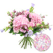 A joyful birthday flower and balloon set is presented against a crisp white background, as if freshly arranged in a New Barnet flower shop and ready for delivery. The hand-tied bouquet is generous and domed, dominated by large, fluffy hydrangea blooms in soft blush pink that create a cushion of velvety petals, immediately drawing the eye. Nestled around and between these hydrangeas are soft pink roses, some fully open to reveal tightly layered, spiralling centres, others still in bud, promising a slow, graceful unfurling over the days following the birthday. Adding contrast and a playful pop of colour, clusters of tiny, vivid fuchsia waxflowers, or similar small blossoms, thread through the arrangement like confetti, intensifying the pink palette. Rising among the rounder forms, slender bell-shaped campanula blooms in pale lavender and hints of periwinkle blue provide vertical lines and a cool, airy accent, reminiscent of wildflowers by the paths leading to nearby Greenhill Gardens. A mix of rich green foliage frames and supports the flowers, from narrow, pointed leaves to broader, more substantial greenery, giving the bouquet a natural, freshly picked look that feels at home in New Barnet's leafy streets. The stems at the base are gathered neatly and left exposed, clearly hand-tied and ready to slip into a vase. Beside the bouquet, in the lower right-hand corner, a round, metallic Happy Birthday balloon glints softly. Its surface is decorated with a delicate floral pattern of tiny roses and buds in shades of pink, cream, and lavender, echoing the colours of the bouquet, while the greeting Happy Birthday curves across the centre in elegant purple script, completing this warm and festive birthday gift ensemble.