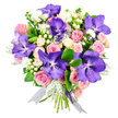 A richly detailed bouquet is captured against a pure white background, making the colours and forms appear almost luminous. Dominating the composition are several luxurious Vanda orchids, their broad petals a tapestry of deep purple and blue, heavily speckled and finely veined so that each flower looks unique, like a hand-painted work of art. These exotic orchids rest gracefully among a generous gathering of soft pink roses, varying from neat, compact buds to fully open blooms with ruffled edges that invite the fingertips. Nestled between them, clusters of creamy white spray roses contribute an airy, cloud-like lightness, expanding the bouquet's volume without overwhelming its elegance. Sprays of tiny white filler flowers thread through the arrangement, adding sparkle and delicacy, while smooth, round white hypericum berries punctuate the design with modern, pearl-like accents. Silvery-grey dusty miller leaves, with their soft, felted texture, lend a cool, frosted note that beautifully contrasts with the smooth, glossy dark green foliage shaping the bouquet. At the base, the stems are gathered and bound with a shimmering silver-lavender ribbon, sheer and slightly iridescent, its ends trailing softly to echo the orchids' opulent tones. The overall effect is both romantic and contemporary, ideal for a refined celebration in a New Barnet home overlooking Greenhill Gardens or as a statement gift delivered for a special birthday or engagement. The bouquet suggests quiet luxury and heartfelt intention, the kind of arrangement that transforms an ordinary room into a place of joy and gentle fragrance.