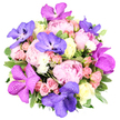 From an elevated view, this opulent bouquet bursts with colour against a crisp white backdrop. The heart of the arrangement is formed by large pink peonies, their petals opened to reveal soft, satin layers ranging from pale blush to deeper rose. Among them rise striking purple and magenta orchids, likely Vanda varieties, with flat, speckled petals that give butterfly-like, architectural accents to the display. Interspersed are pink spray roses in compact clusters, and creamy ivory roses that carry a gentle vanilla warmth, their spiralled centres adding classic elegance. Tiny clusters of white fillers sprinkle brightness like delicate stars, while lush green foliage provides a generous, verdant frame. Broad variegated leaves with lighter edges brighten the base and help the colours sing. The overall impression is one of luxury and romance with an exotic twist-the pinks, purples, creams, and fresh greens combining into a striking centerpiece. This bouquet would suit features about luxury gifts, wedding tables, or sophisticated celebrations, and it reads as a modern ode to romance. Available for same-day delivery across New Barnet and surrounding north London streets, Flowers New Barnet brings careful craftsmanship from studio to doorstep, preserving freshness and fragrance with every stem.