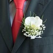 A detailed close-up shows the upper torso of a man dressed in classic formalwear, captured just as he might be stepping out onto the steps near New Barnet station for a wedding ceremony. He wears a deep charcoal, almost black, tailored suit jacket, the lapel sharply defined against a softly blurred background. Anchored to that lapel is a refined boutonniere: a single white Phalaenopsis orchid, its broad, velvety petals opening like a calm smile, with a gentle yellow-cream centre that seems to glow against the darker fabric. Around the orchid, tiny white clouds of baby's breath cluster in delicate sprays, each blossom no bigger than a pinhead, adding a misty, romantic halo. Fine, grass-like green foliage arcs gracefully from behind, bringing a fresh, garden-like texture that recalls the calm greenery of nearby Oakhill Park. The stems are neatly bound together with a sheer white ribbon, tied into a small, precise bow that lies flat and elegant. Beneath the flowers, a lustrous red silk tie cuts diagonally through the image, its sheen catching the light and adding a bold stripe of colour against a subtly patterned, pale dress shirt. The overall composition feels balanced and intentional: crisp lines of tailoring, soft petals, and airy fillers working in harmony. You can almost sense the cool smoothness of the orchid, the faint, clean scent of fresh flowers, and the quiet anticipation of a New Barnet groom or prom guest about to begin a memorable evening.